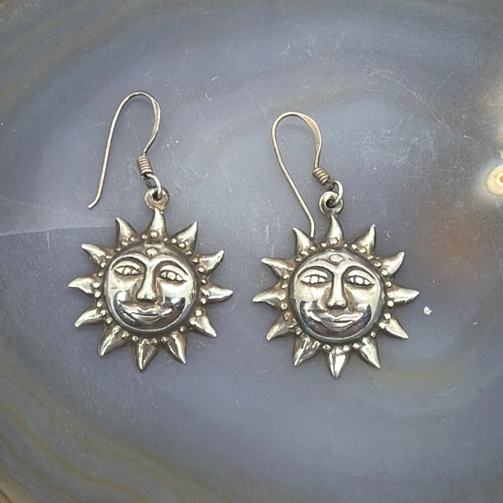 Vintage 925 Sterling Silver Smiling Sun Face Sunburst Dangle Drop Boho Earrings